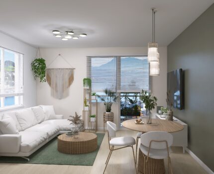 Salon z kuchnią z domieszką stylu boho i nowoczesnego