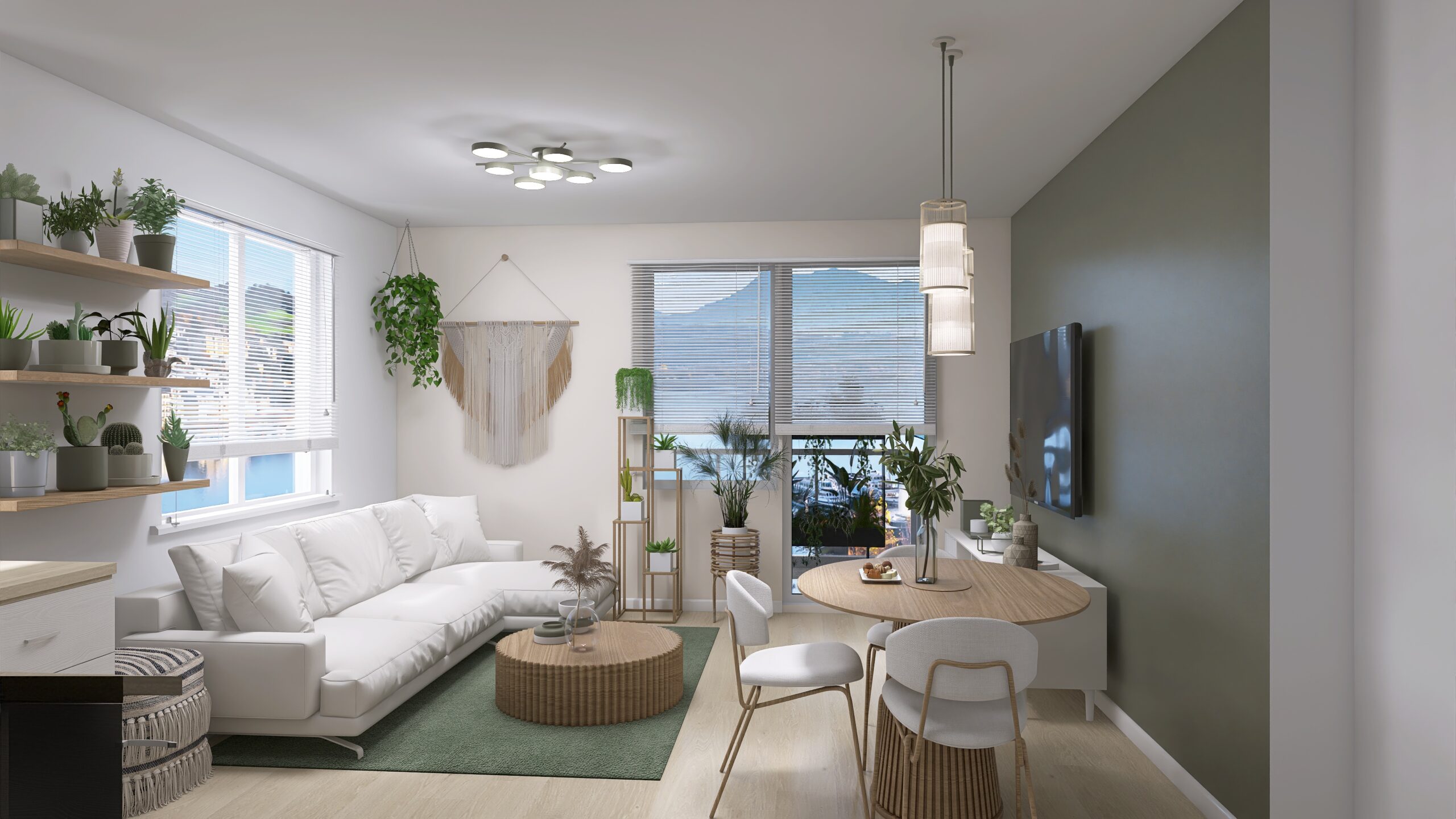 Salon z kuchnią z domieszką stylu boho i nowoczesnego